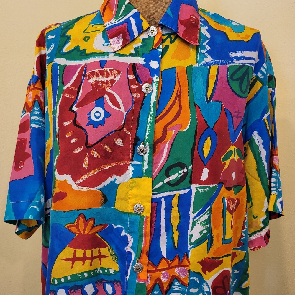 Carole Little 100% Silk Vintage Abstract Shirt Size 4 80s